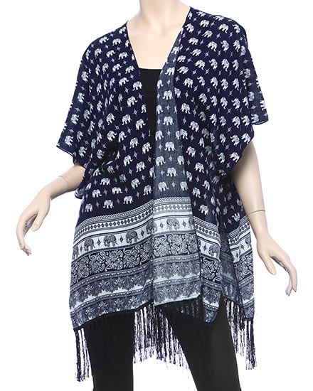 Elephant Pattern and Tassel Trim Ruana Scarf